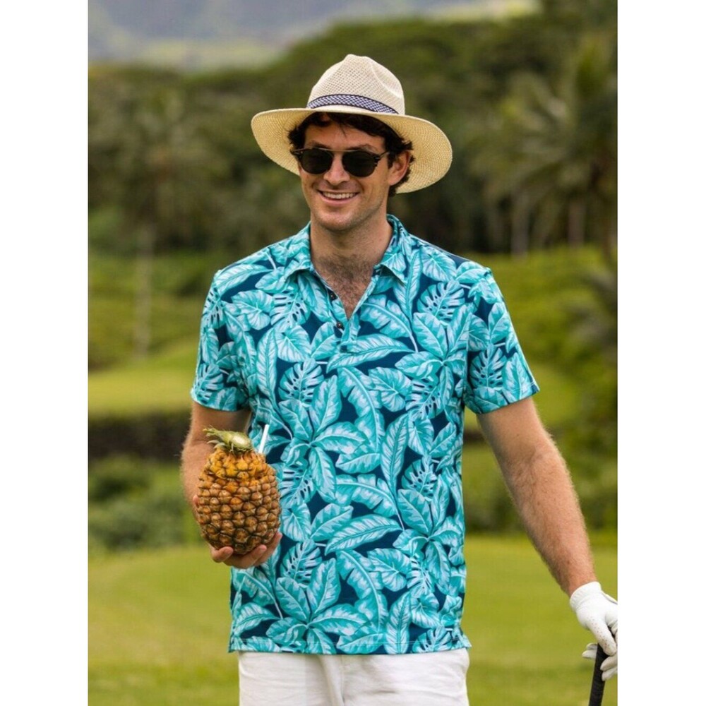 Kenny Flowers Men's Golf Polo Shirt The Lei Up Tropical Printed Green Blue XL